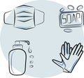 Personal protection equipment icons - medical mask, latex gloves, soap, dispenser. Coronavirus, covid 19 prevention items. Line, o Royalty Free Stock Photo